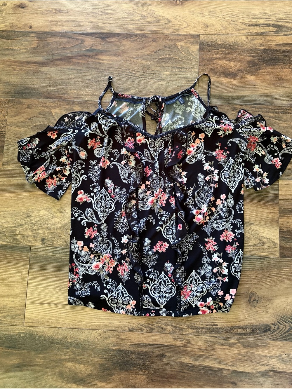 White House Black Market Black Cold-Shoulder Floral Blouse